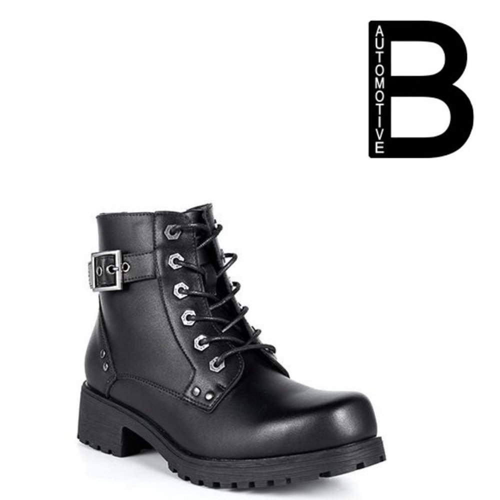 Ladies Vegan Leather Black 6-Eye Motorcycle Boots W/ Zipper
